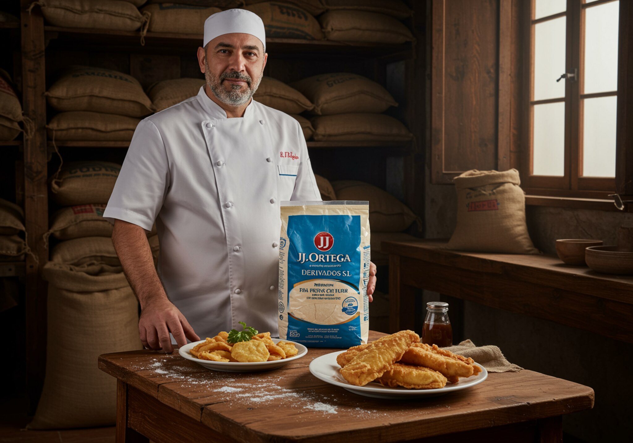 "Chef blanco en cocina rústica sosteniendo harina para freír pescado ‘JJ Ortega Derivados S.L.’ junto a un plato de pescado dorado, resaltando calidad y opción sin gluten."