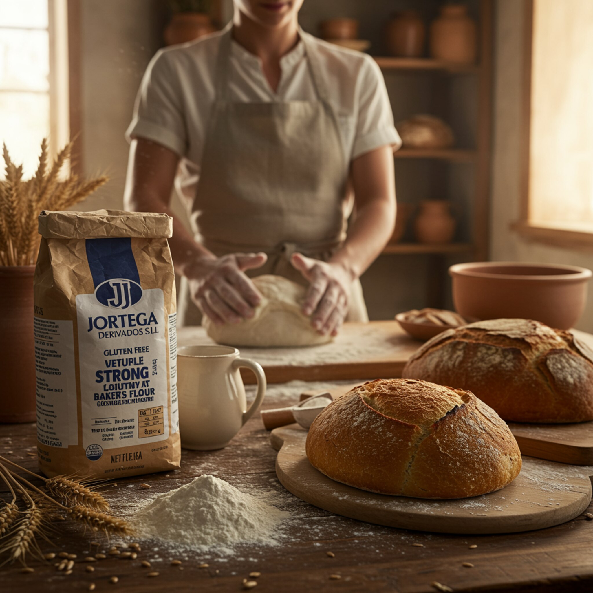 "Imagen de un panadero artesanal en una cocina rústica, amasando masa con harina sin gluten de JJ ORTEGA, destacando un ambiente acogedor y natural."