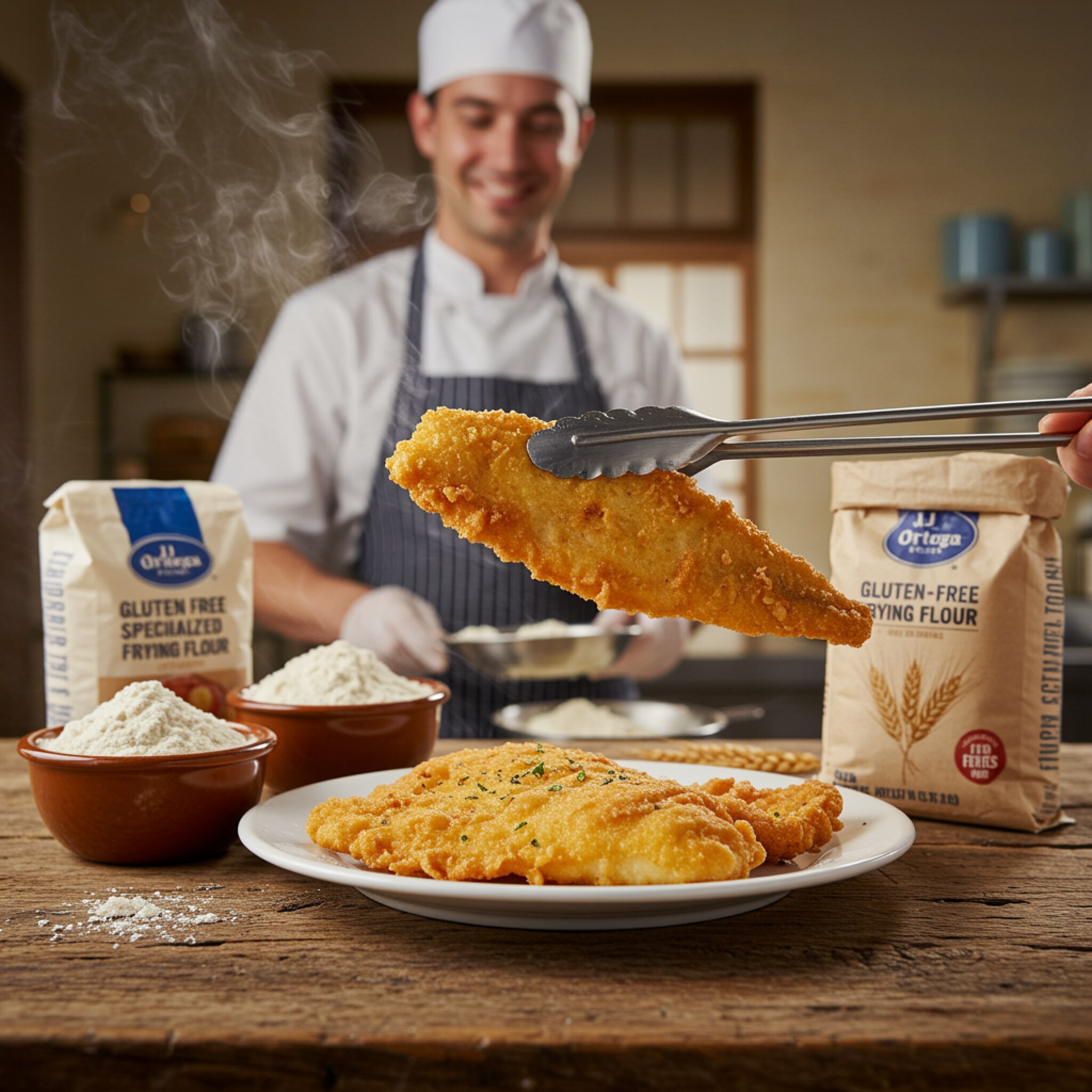 "Deliciosa imagen de un filete de pescado frito sin gluten, preparado artesanalmente, rodeado de harinas especializadas de JJ Ortega, en un acogedor entorno de cocina."