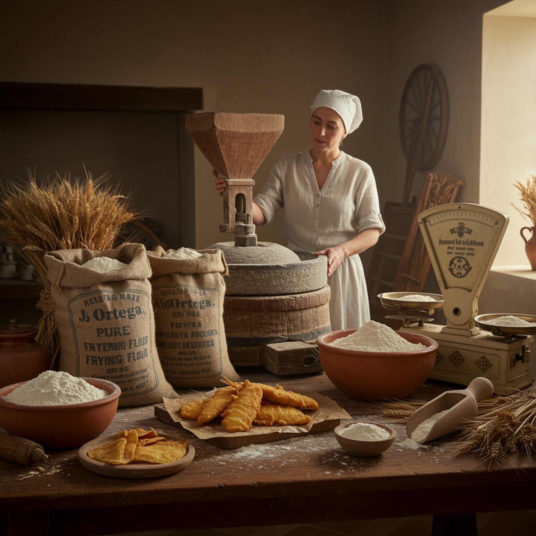 "Escena de cocina artesanal con mujer molinera y harina sin gluten, destacando la tradición y el arte de la molienda en un ambiente acogedor."