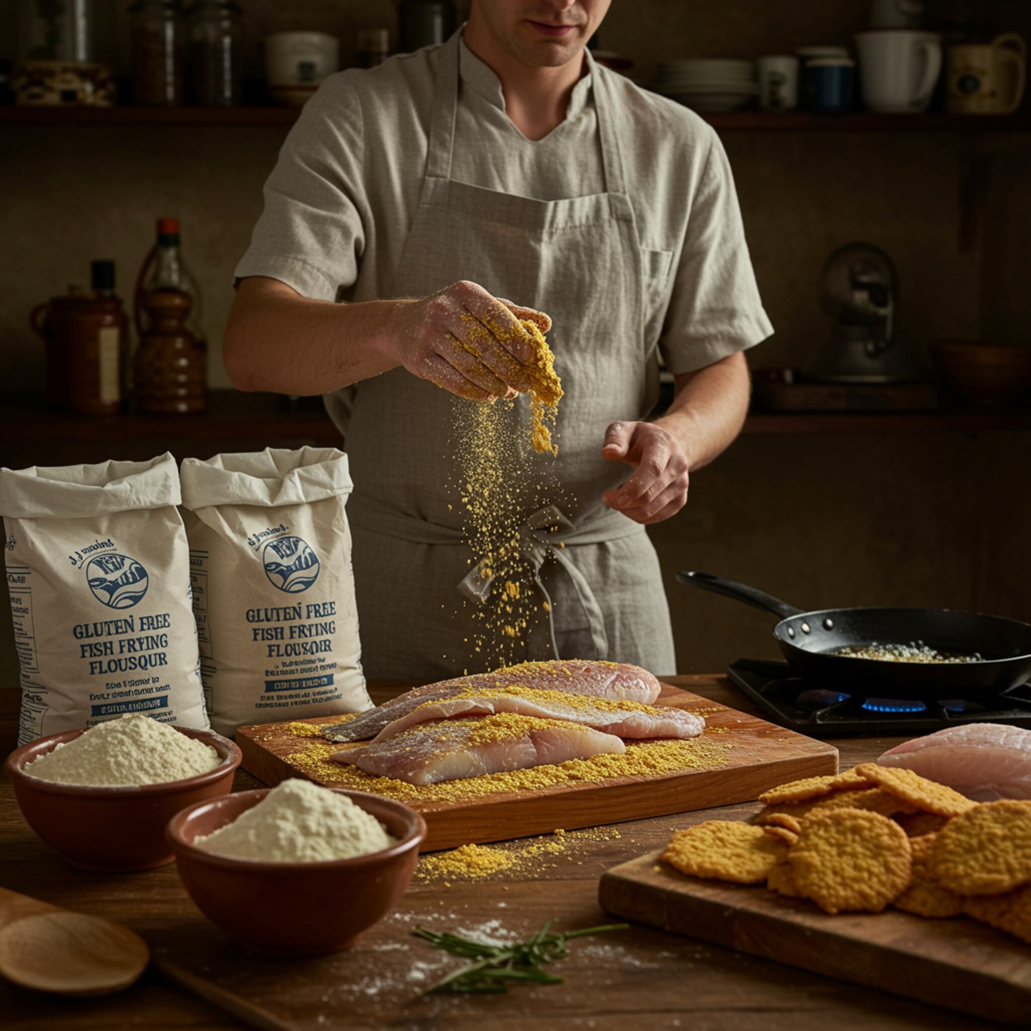 "Chef blanco en cocina mediterránea rústica, espolvoreando filetes de pescado fresco con harina de fritura sin gluten de JJ ORTEGA DERIVADOS S.L., rodeado de sacos artesanales y utensilios tradicionales."
